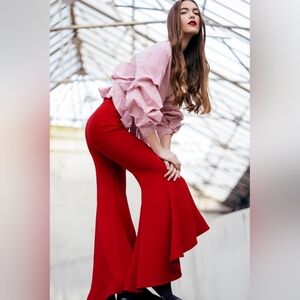 Zara Red Flare Ruffle Pants, NWOT, Size S/M